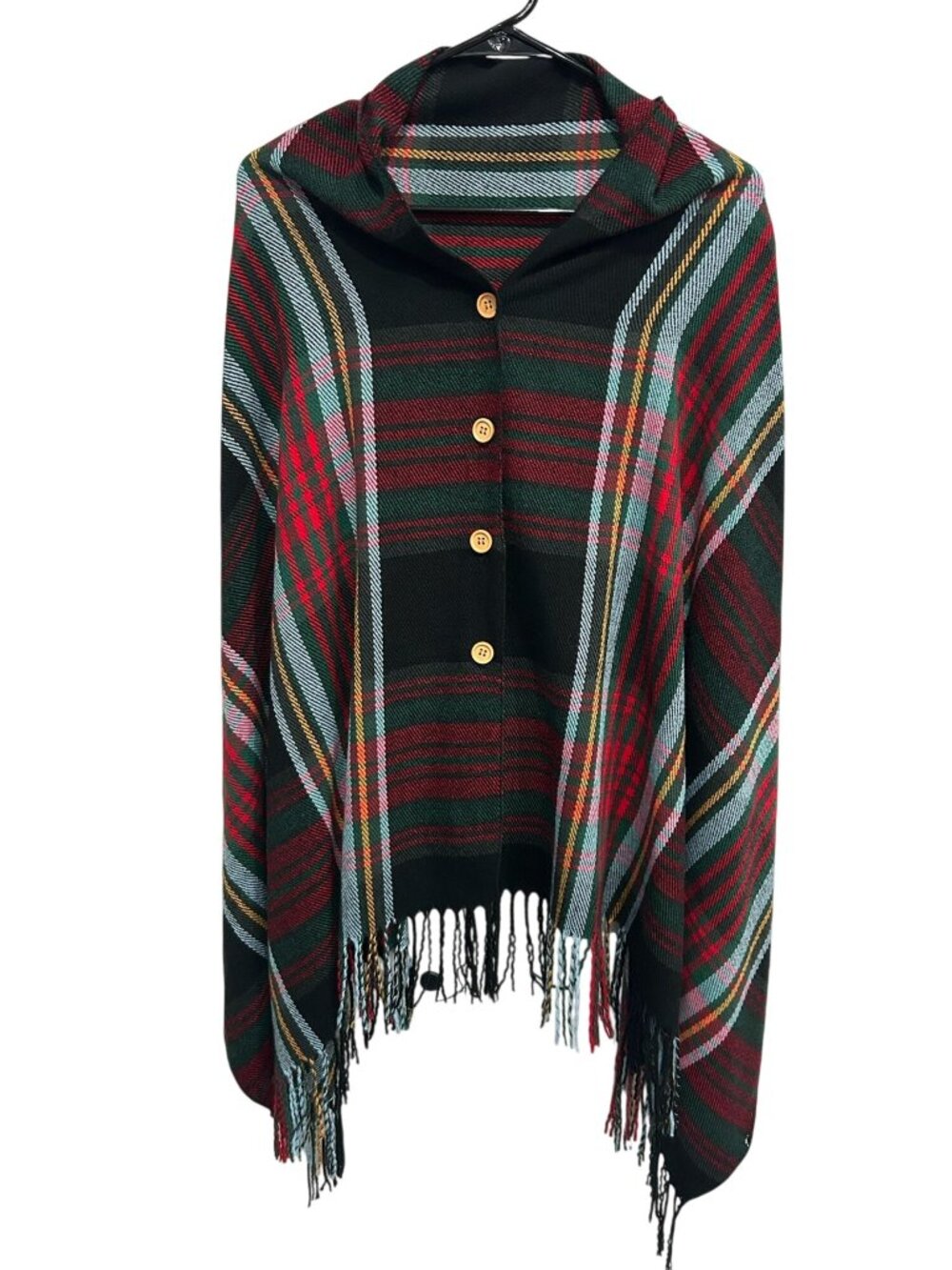 Top it Off One Size Red Green Plaid Hooded Poncho Cape Fringe Cozycore Holiday